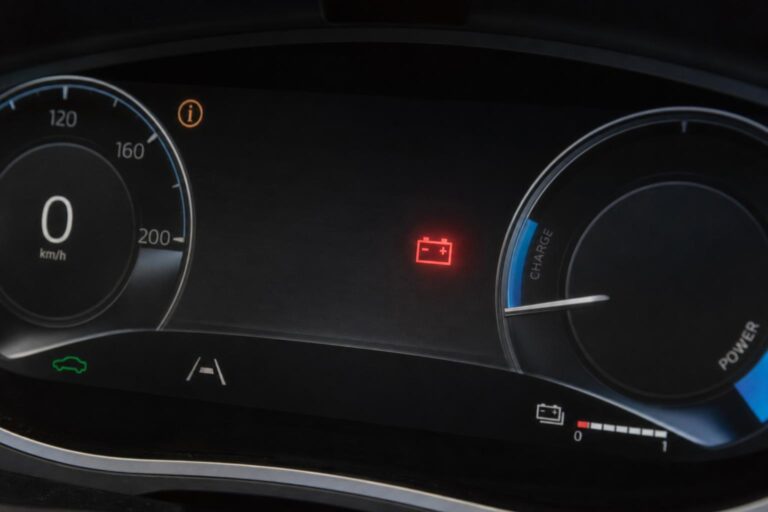 Elektromos autó műszerfala 12 voltos akkumulátorhibára utaló gyári figyelmeztető ikonnal