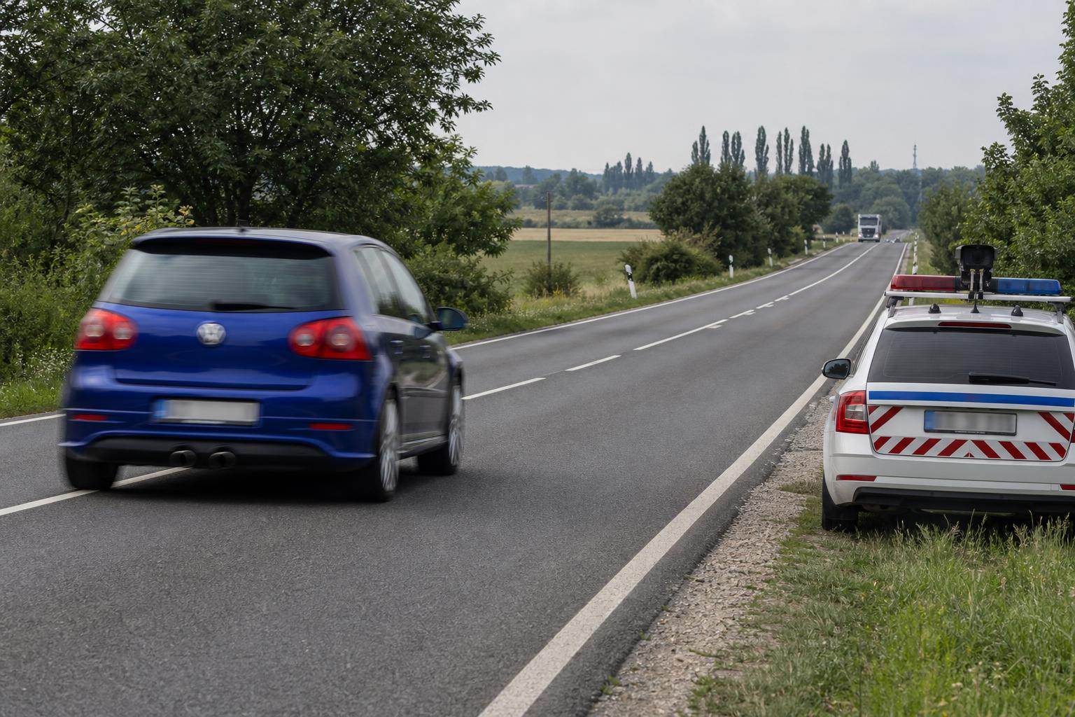 Kék Volkswagen a 8-as főúton rendőrségi sebességellenőrzés közben