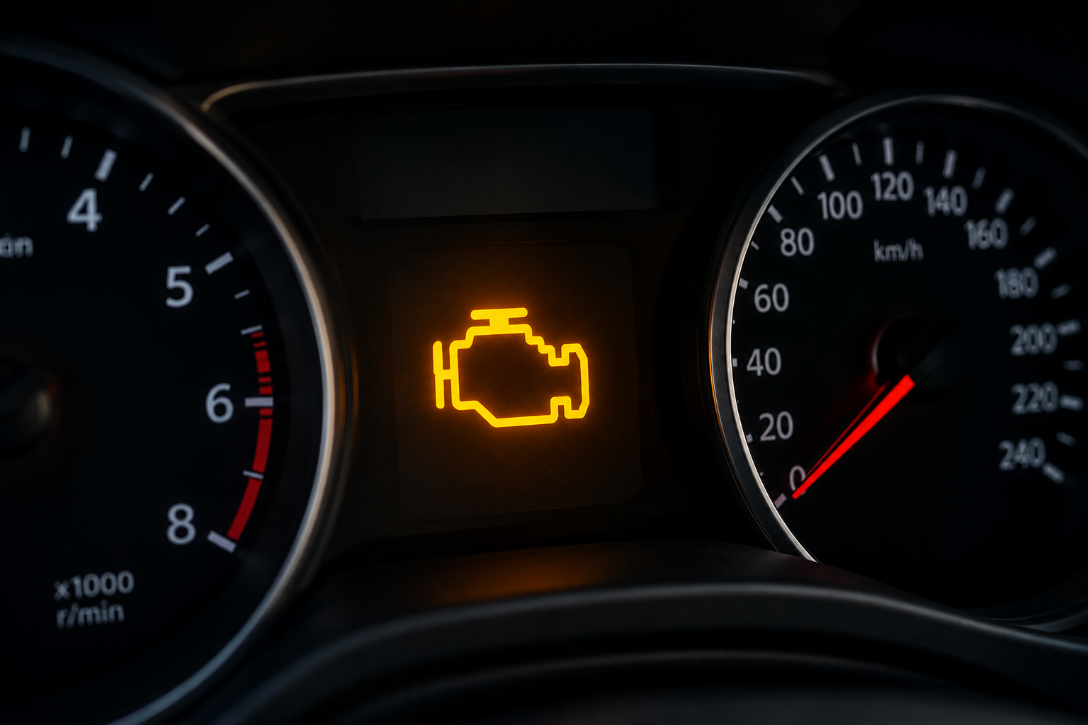Világító check engine lámpa az autó műszerfalán
