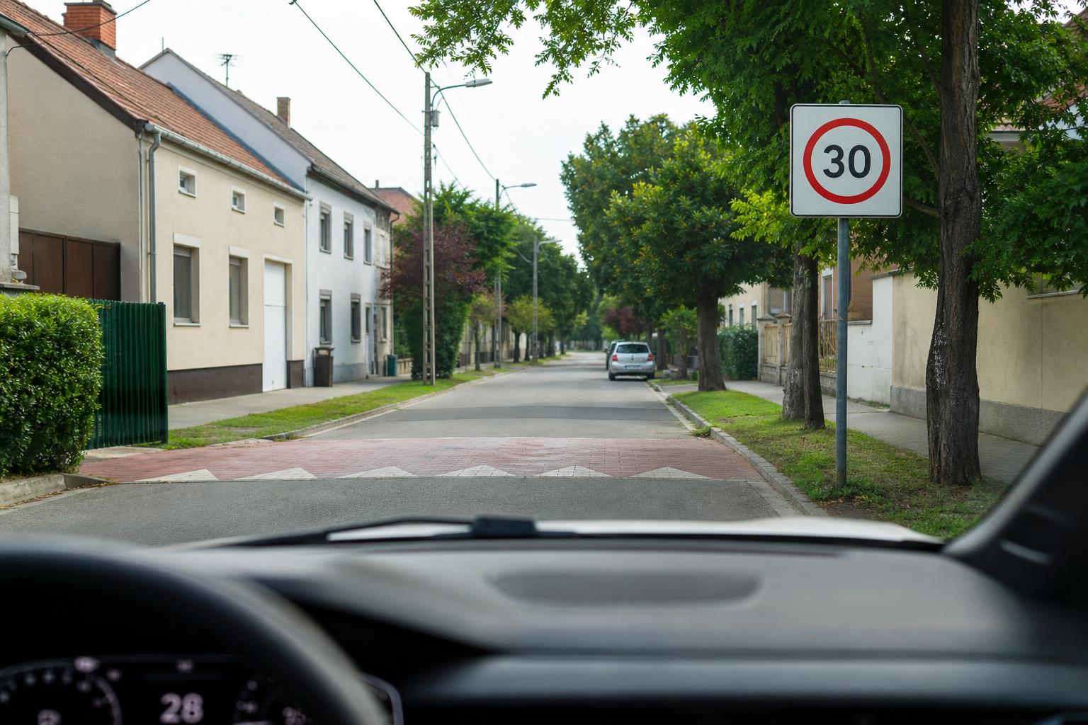 Autó halad egy 30-as sebességkorlátozott övezet kezdetét jelző tábla felé egy csendes lakóutcában
