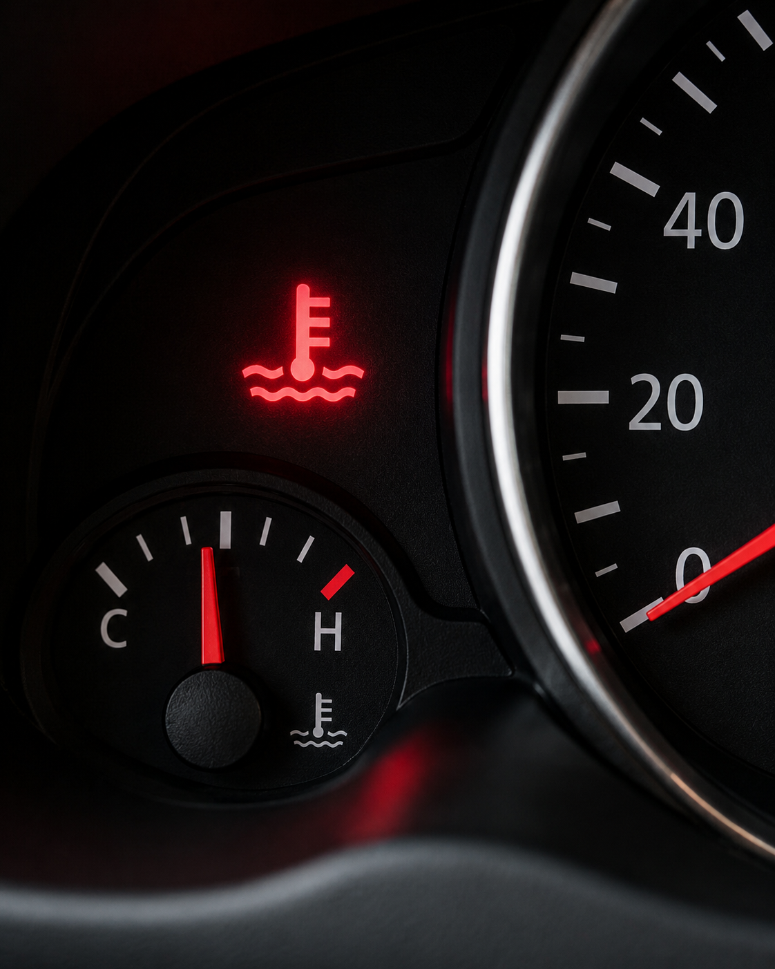 Világító piros motorhőmérséklet lámpa az autó műszerfalán