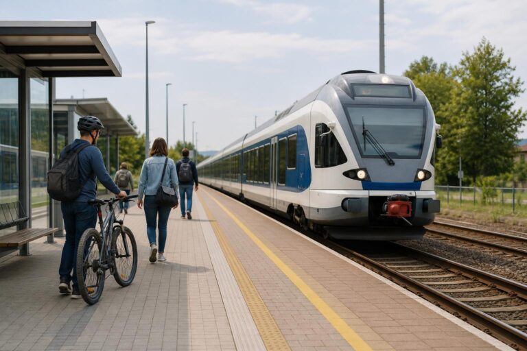 Helyközi vonat kerékpárral utazó utassal egy vasútállomáson