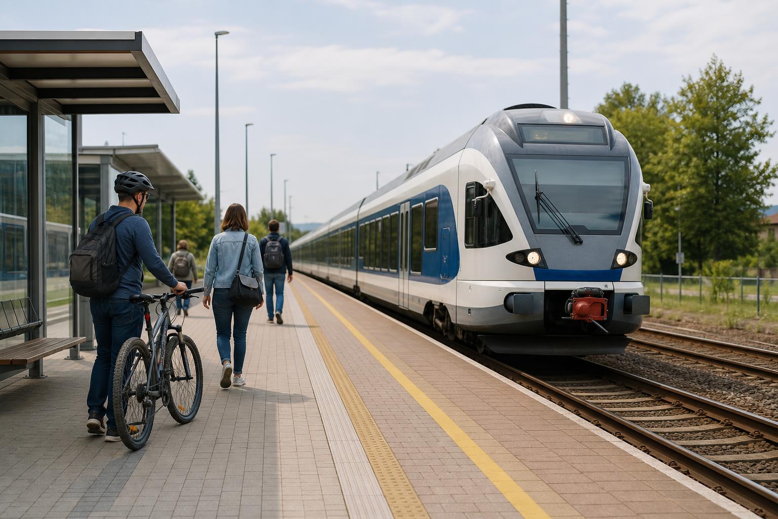 Helyközi vonat kerékpárral utazó utassal egy vasútállomáson