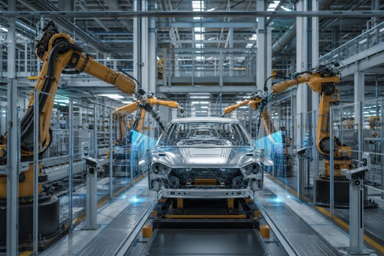 Mesterséges intelligenciával működő robotok egy modern autógyárban