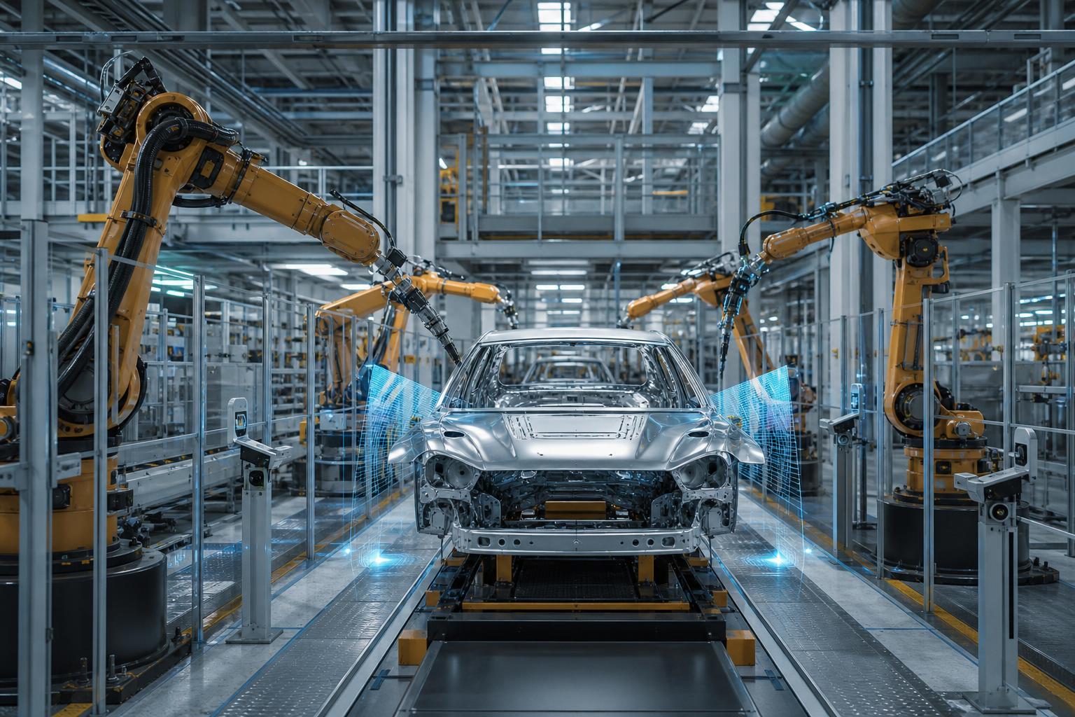 Mesterséges intelligenciával működő robotok egy modern autógyárban
