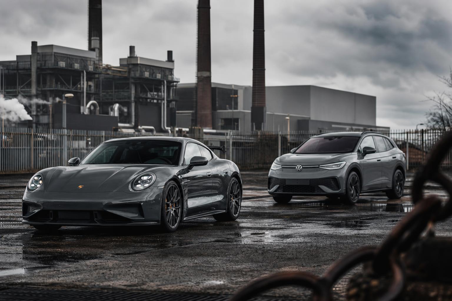 Porsche és Volkswagen jármű egy autógyár ipari környezetében