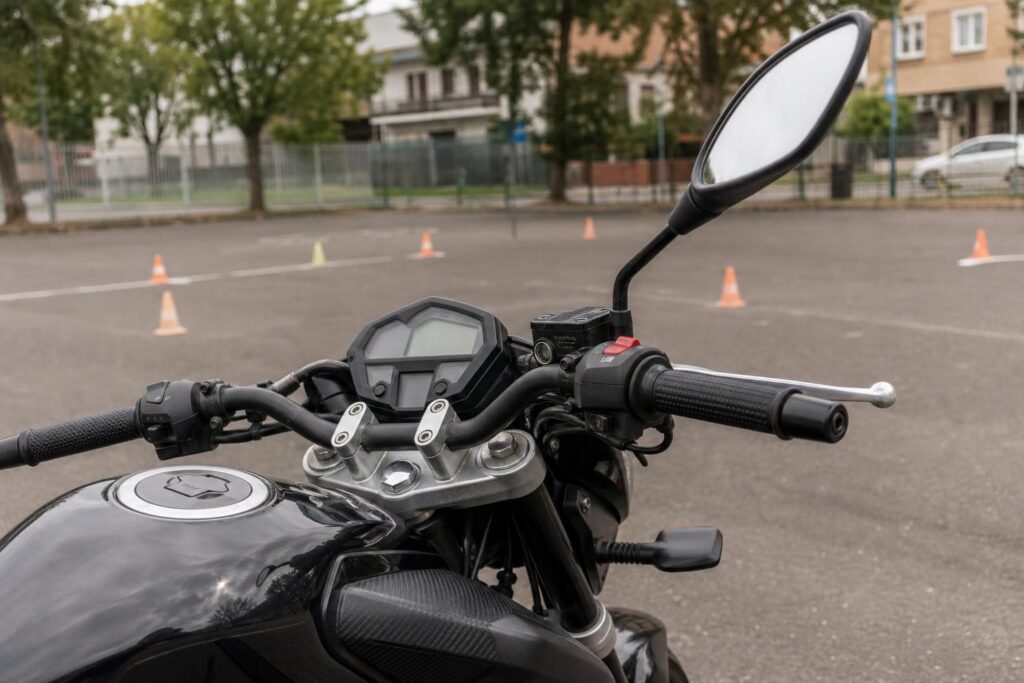 Könnyű motorkerékpár műszerfala és kezelőszervei A1 jogosítványhoz kapcsolódó gyakorlópályán