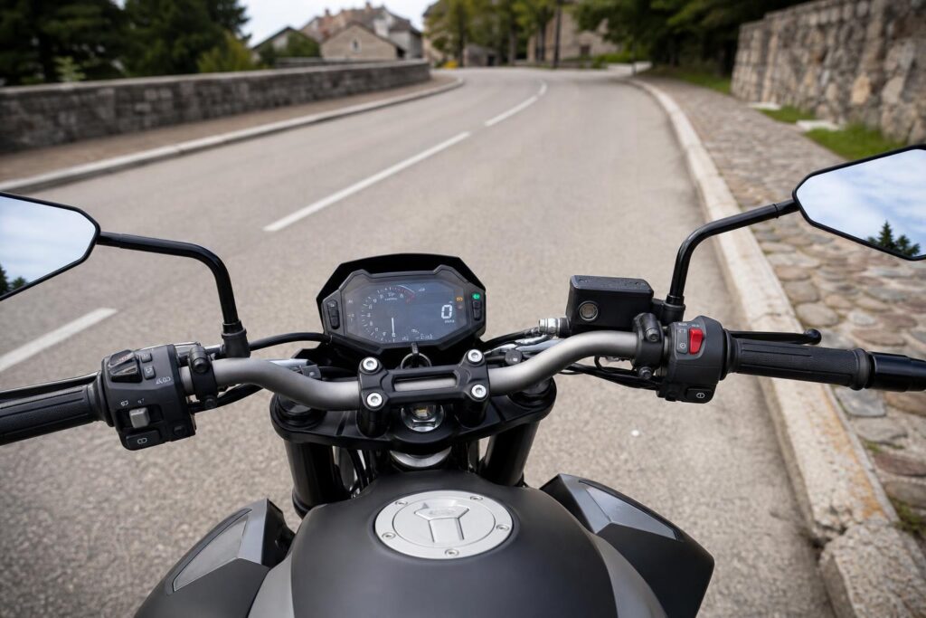A1 kategóriával vezethető 125 köbcentiméteres motorkerékpár műszerfala és kormánya