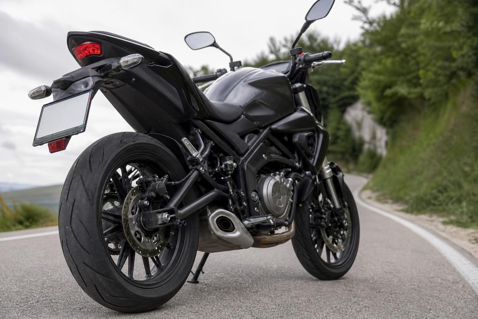 A2 kategóriával vezethető középkategóriás motorkerékpár részlete egy országúton