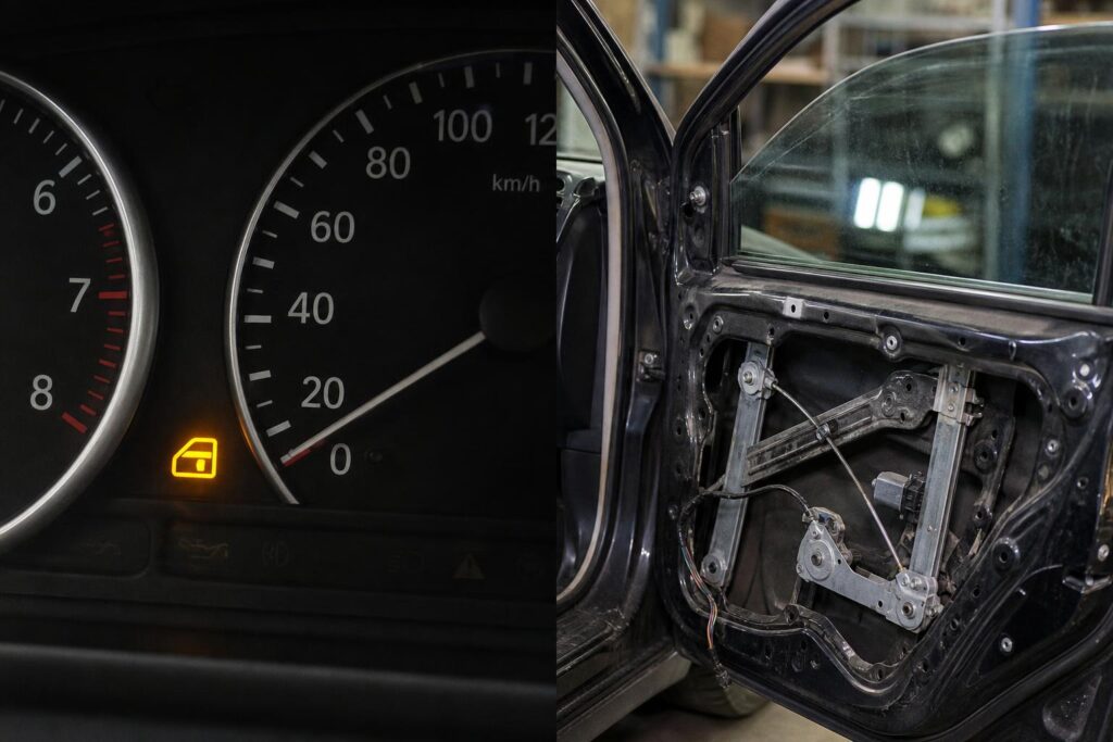 Félúton beragadt autóablak és az ajtóban látható ablakemelő mechanika
