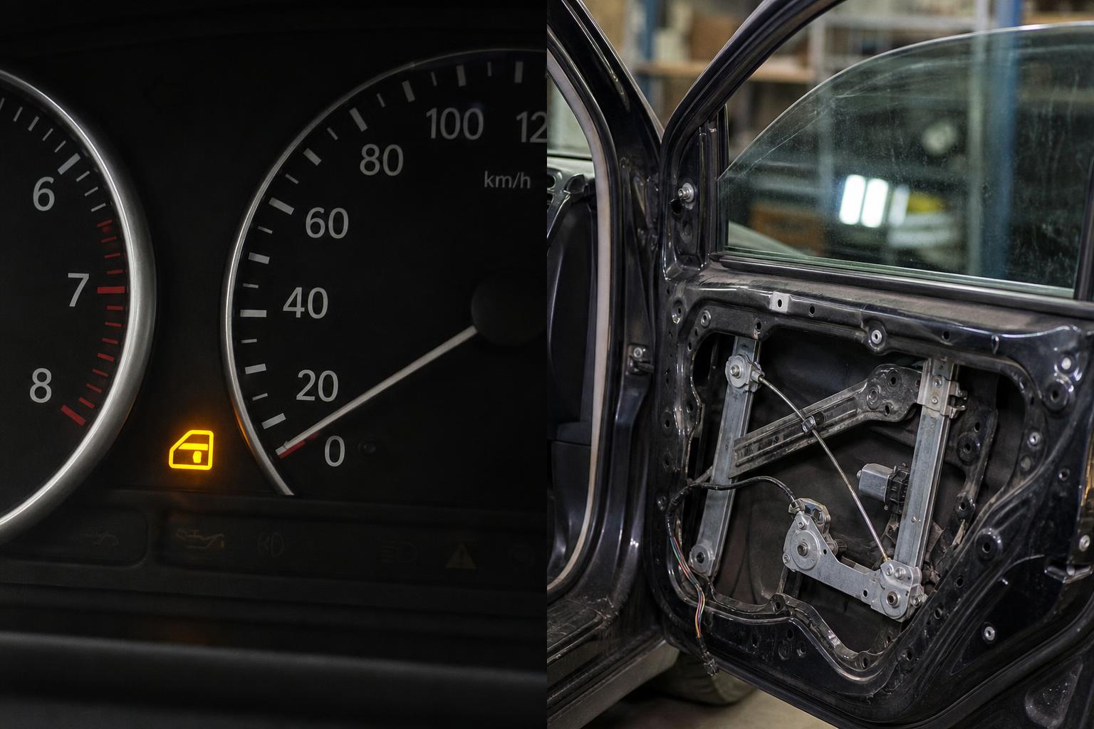 Félúton beragadt autóablak és az ajtóban látható ablakemelő mechanika