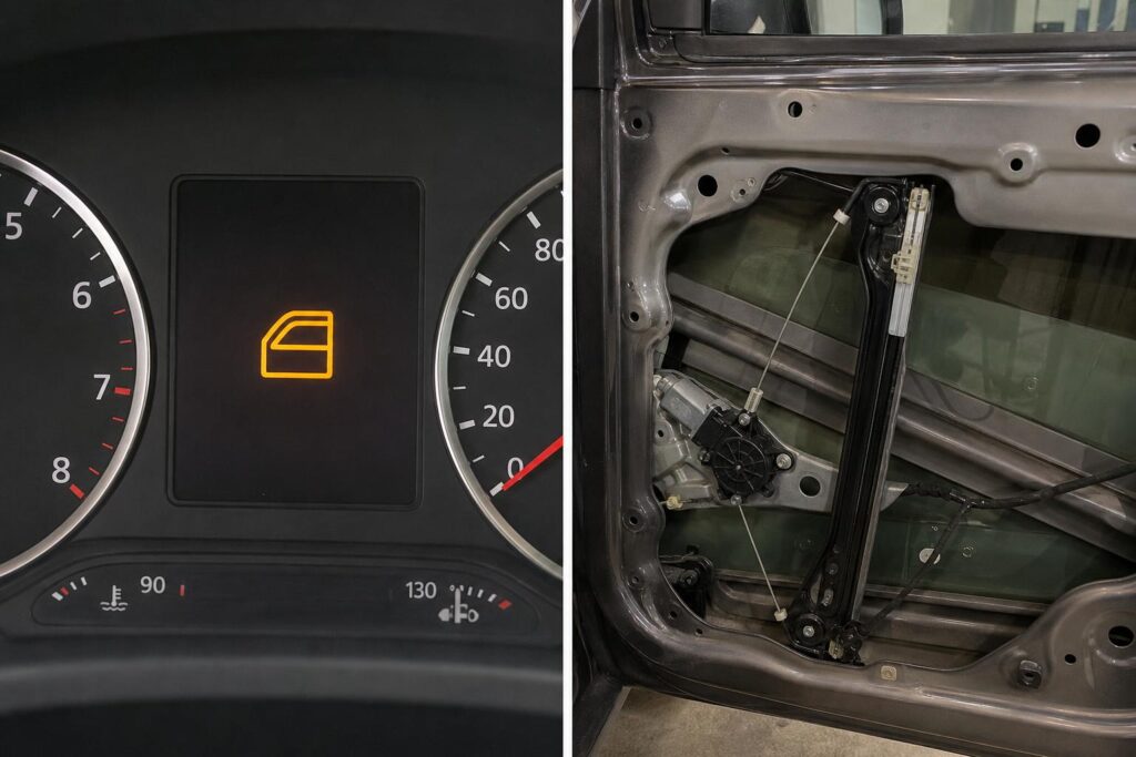Autóajtóban látható elektromos ablakemelő motor és vezetősínes mechanika