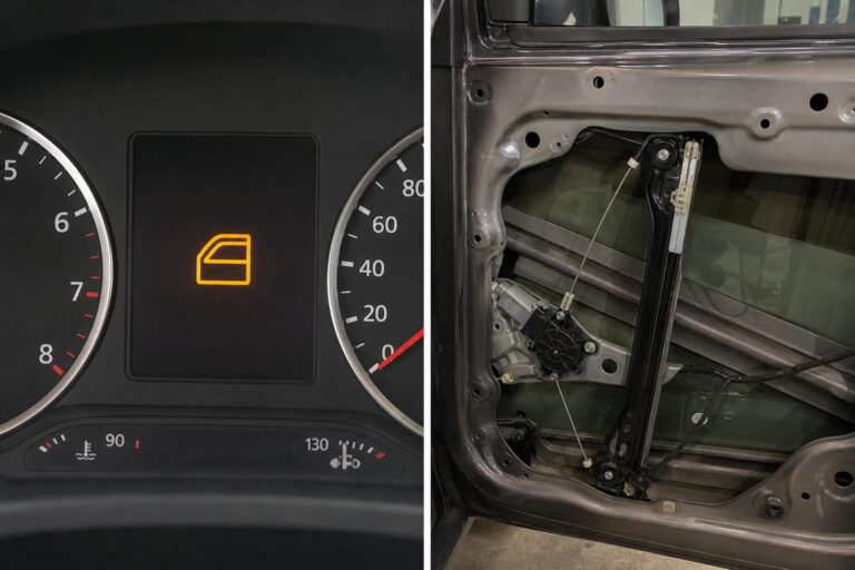 Autóajtóban látható elektromos ablakemelő motor és vezetősínes mechanika