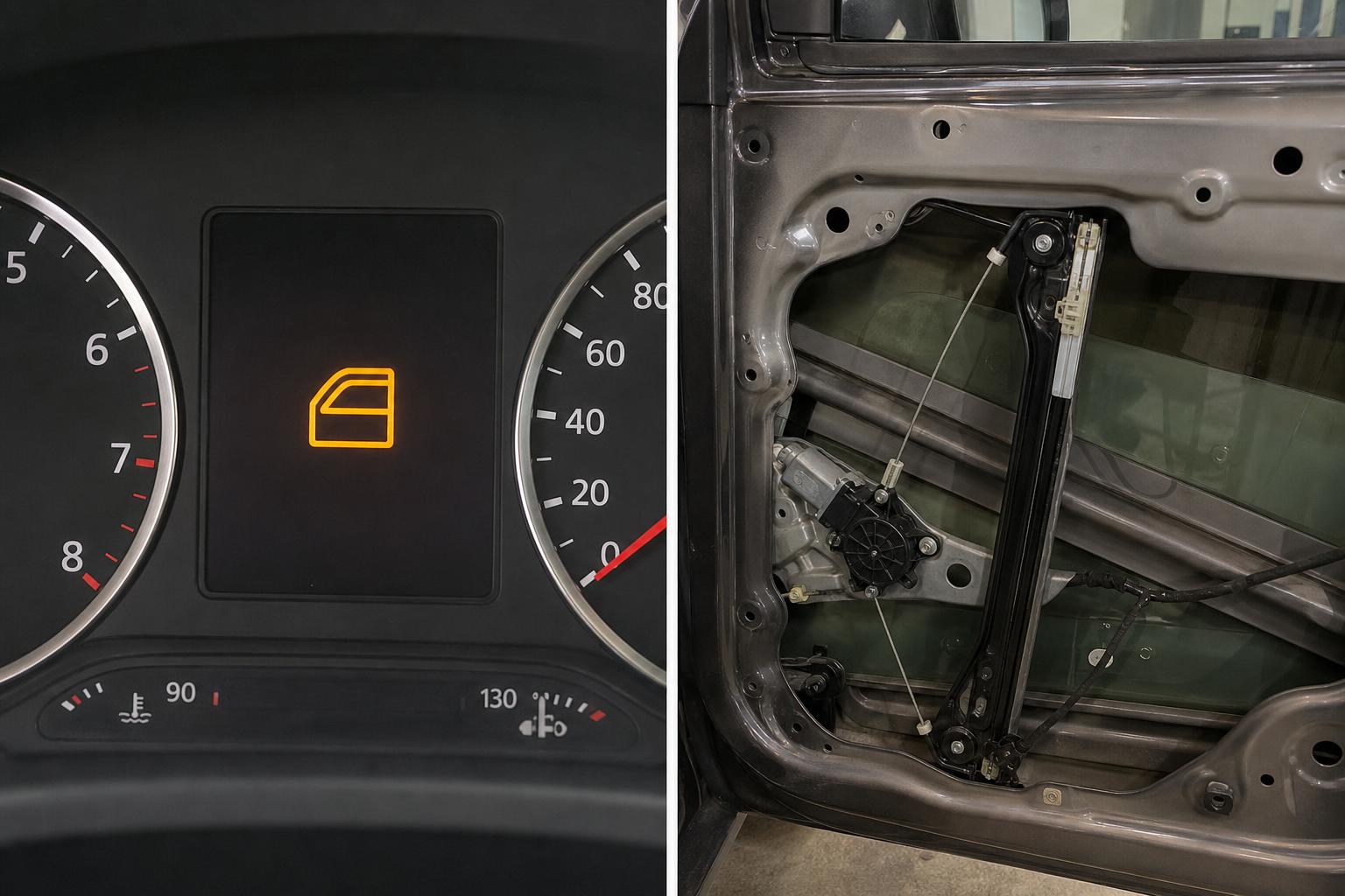 Autóajtóban látható elektromos ablakemelő motor és vezetősínes mechanika