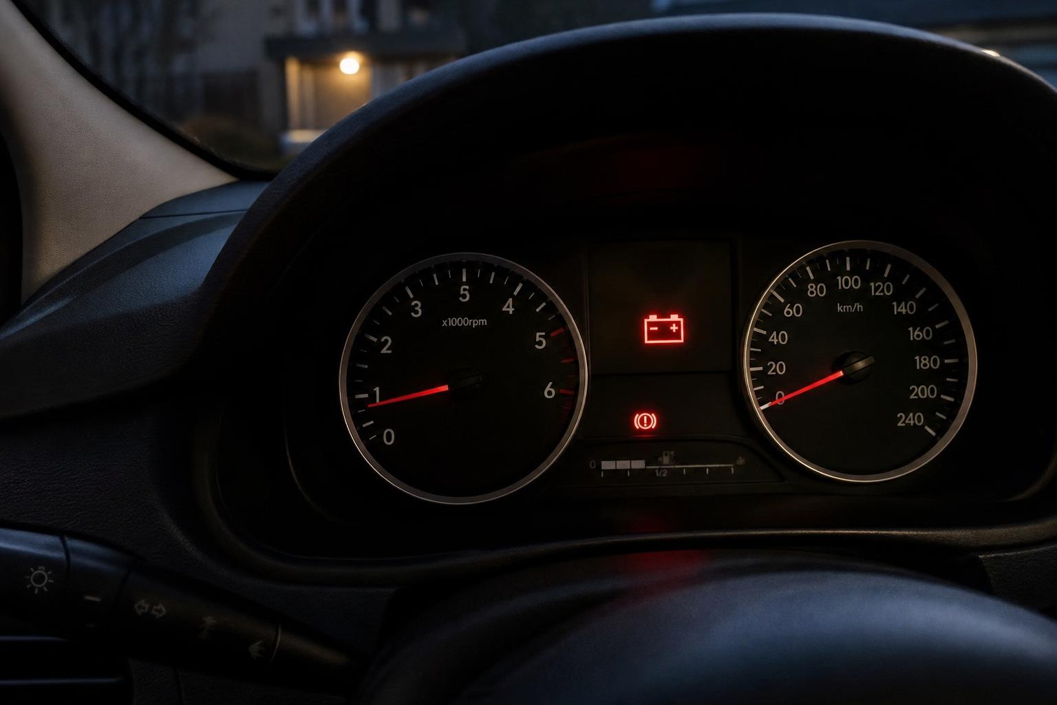 Autó műszerfala piros akkumulátor- és töltésjelző ikonnal elektromos hiba miatt