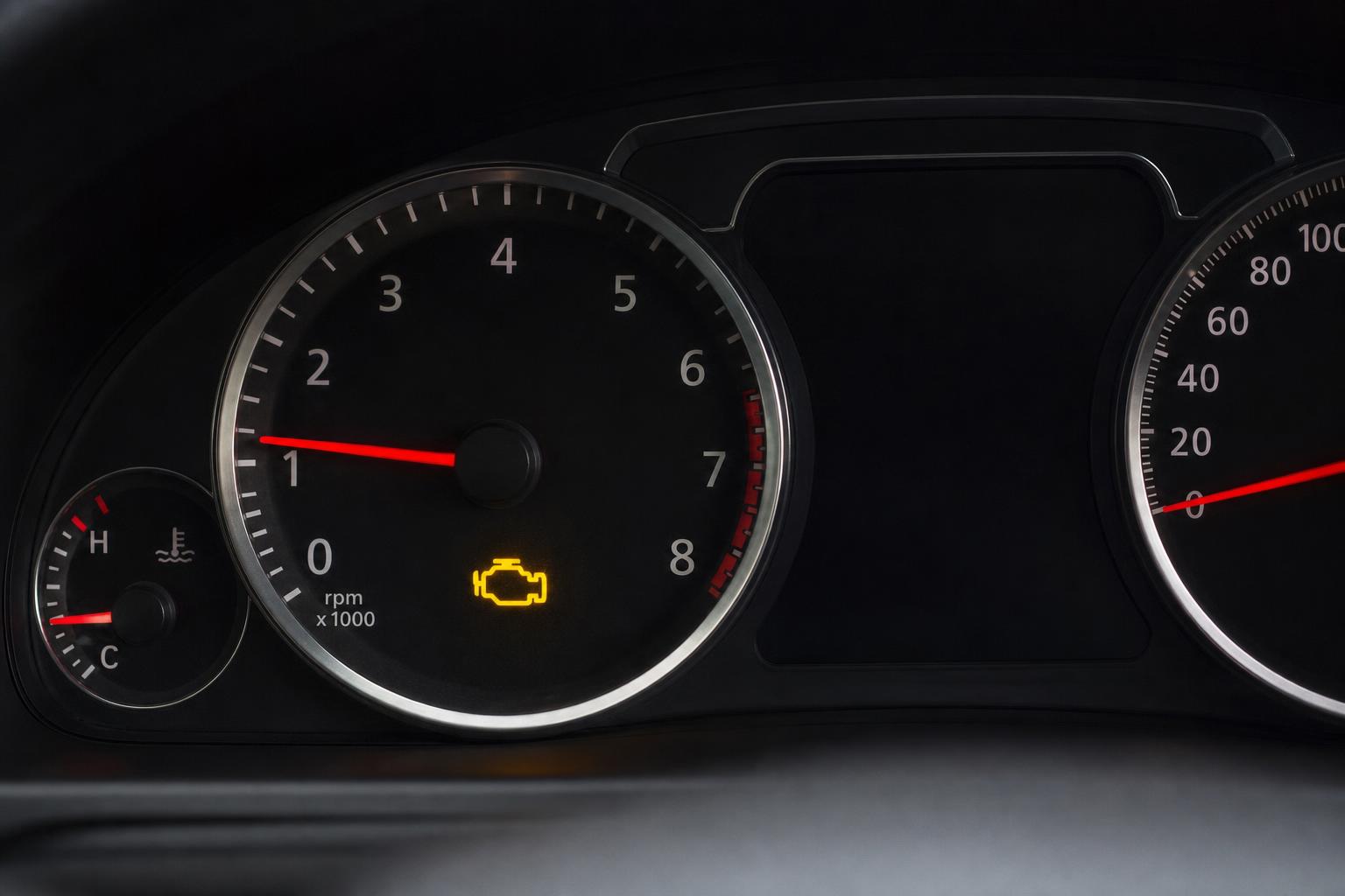 Autó műszerfala világító motorhiba-jelző ikonnal, amely kompresszióhibára is utalhat