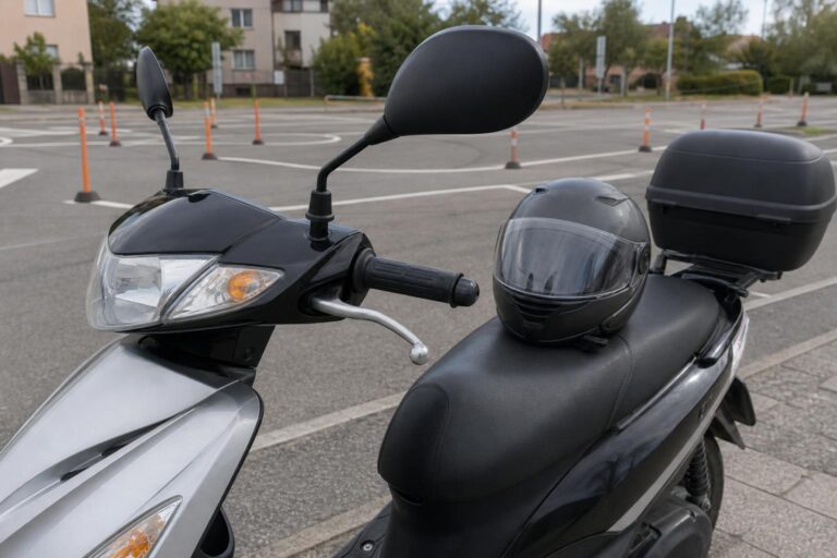 AM kategóriás jogosítványhoz használható robogó egy autósiskolai gyakorlópályán