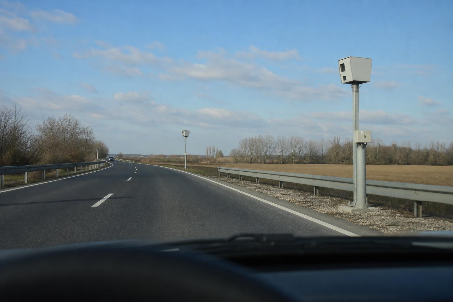 Sebességmérő kamerákkal ellenőrzött útszakasz egy autó nézőpontjából