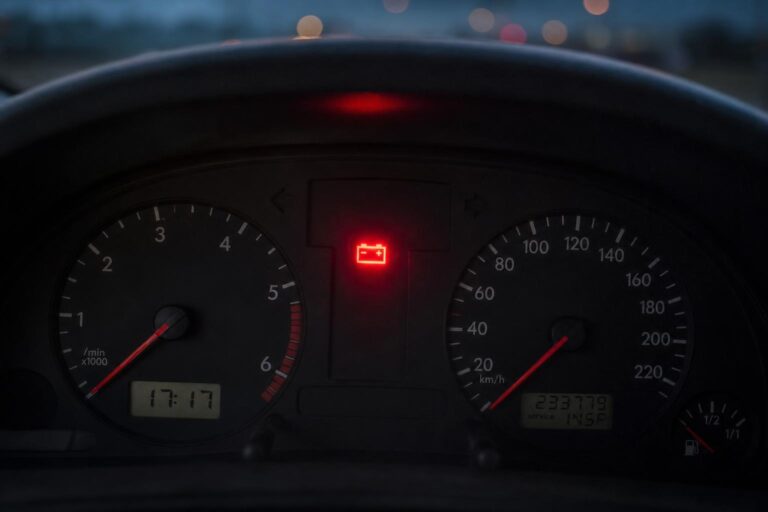Autó műszerfala piros akkumulátor- és töltésjelző visszajelzővel elektromos hiba esetén