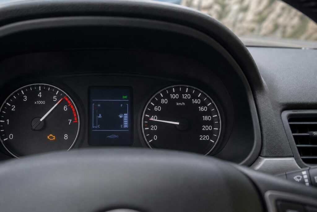 Autó műszerfala emelkedőn haladás közben, terhelt motort és világító motorhiba-jelzést mutató műszeregységgel