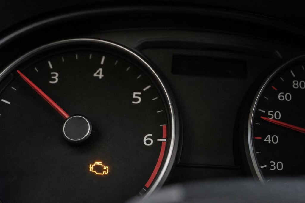 Autó műszerfala világító motorhiba-jelző ikonnal gyorsítási probléma esetén