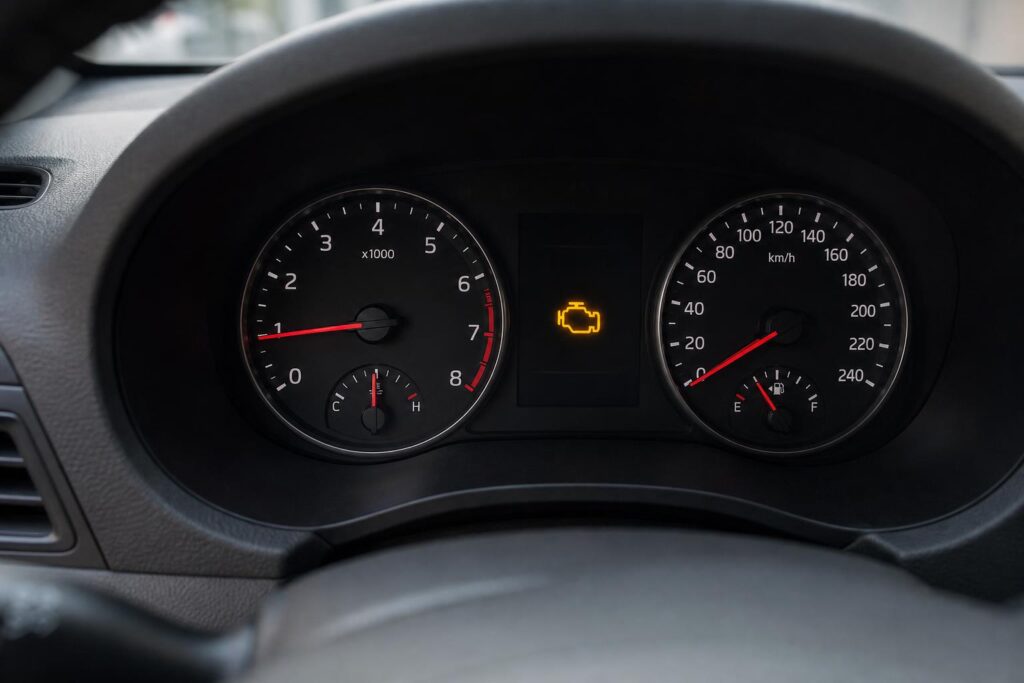 Autó műszerfala alacsony alapjáratot és világító motorhiba-jelzőt mutat lefulladás előtt