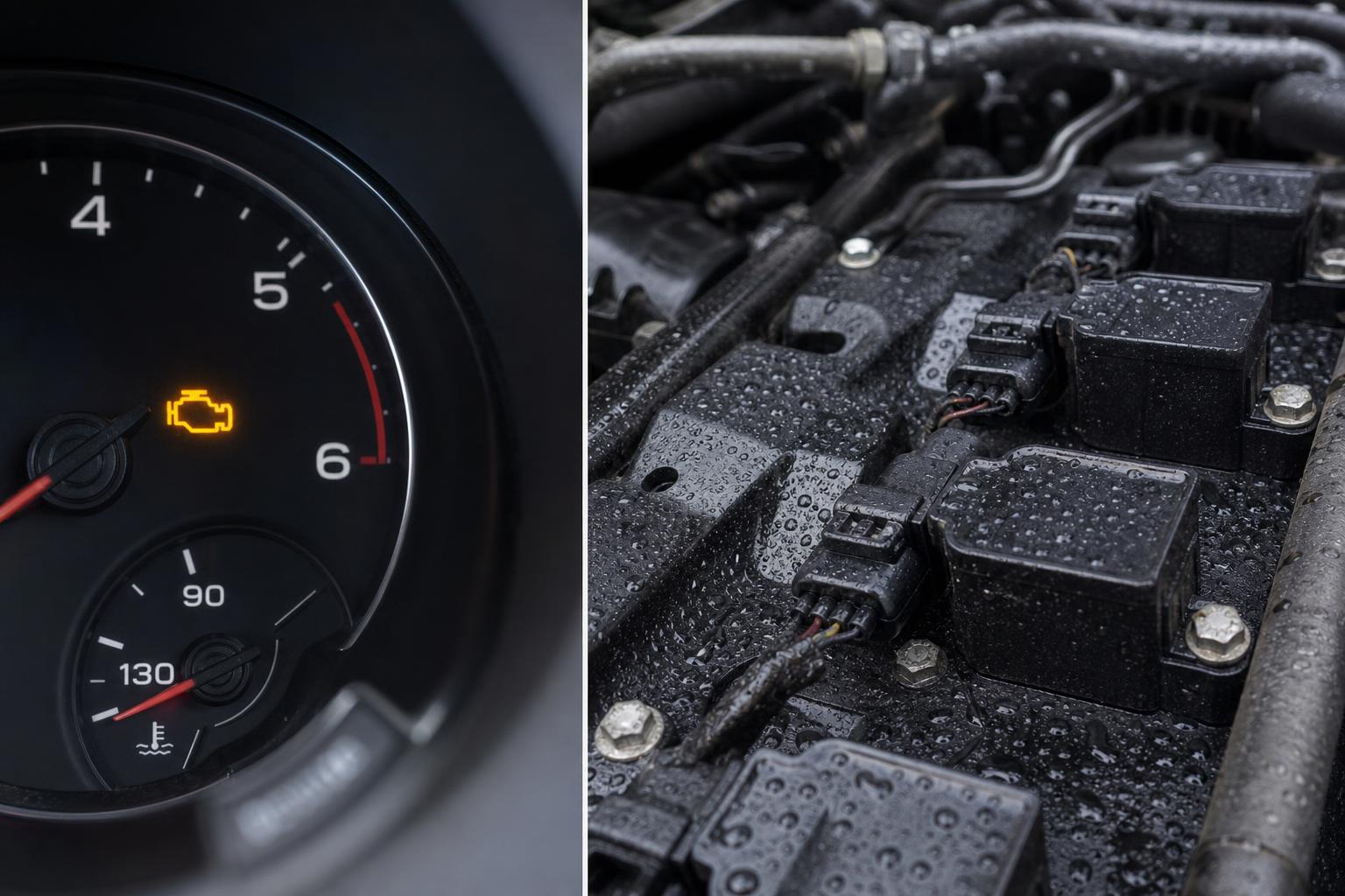 Eső után nedves gyújtótrafó és elektromos csatlakozók egy autó motorterében