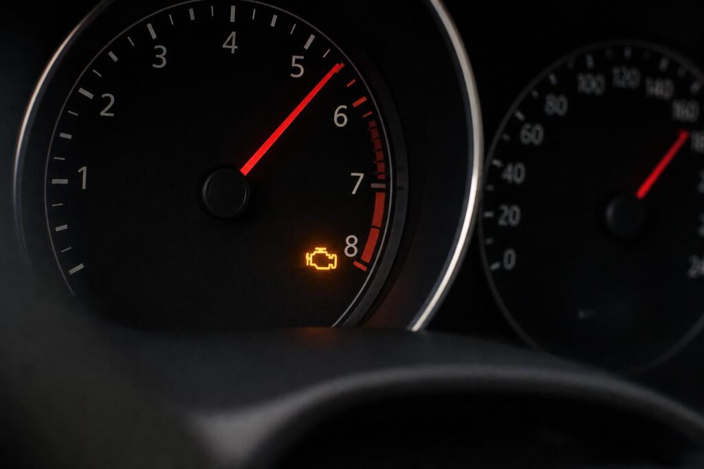 Autó műszerfala magas fordulatszámot és motorhiba-jelzést mutat