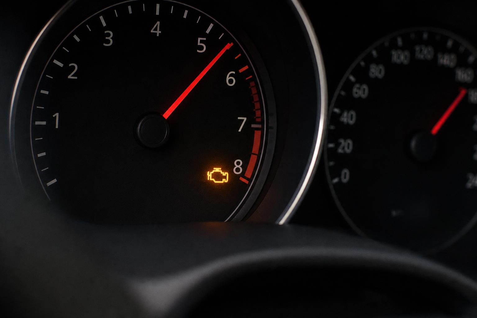Autó műszerfala magas fordulatszámot és motorhiba-jelzést mutat