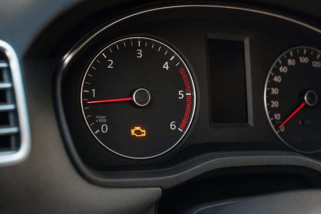 Autó műszerfala alacsony fordulatszámot és világító motorhiba-jelzőt mutat