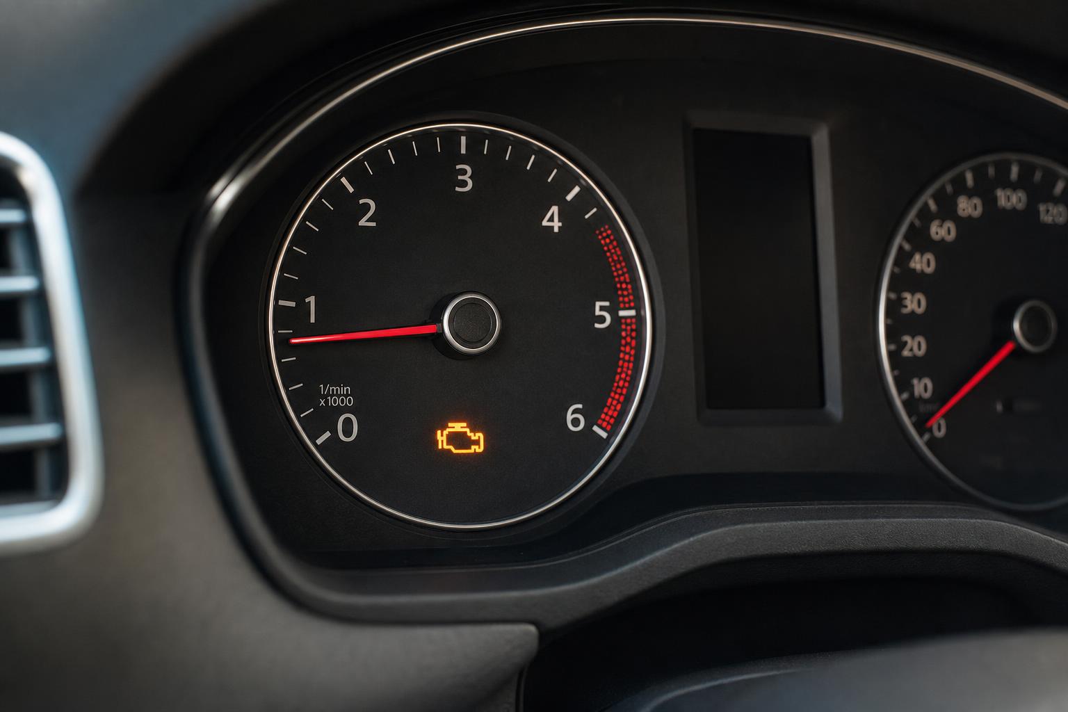 Autó műszerfala alacsony fordulatszámot és világító motorhiba-jelzőt mutat