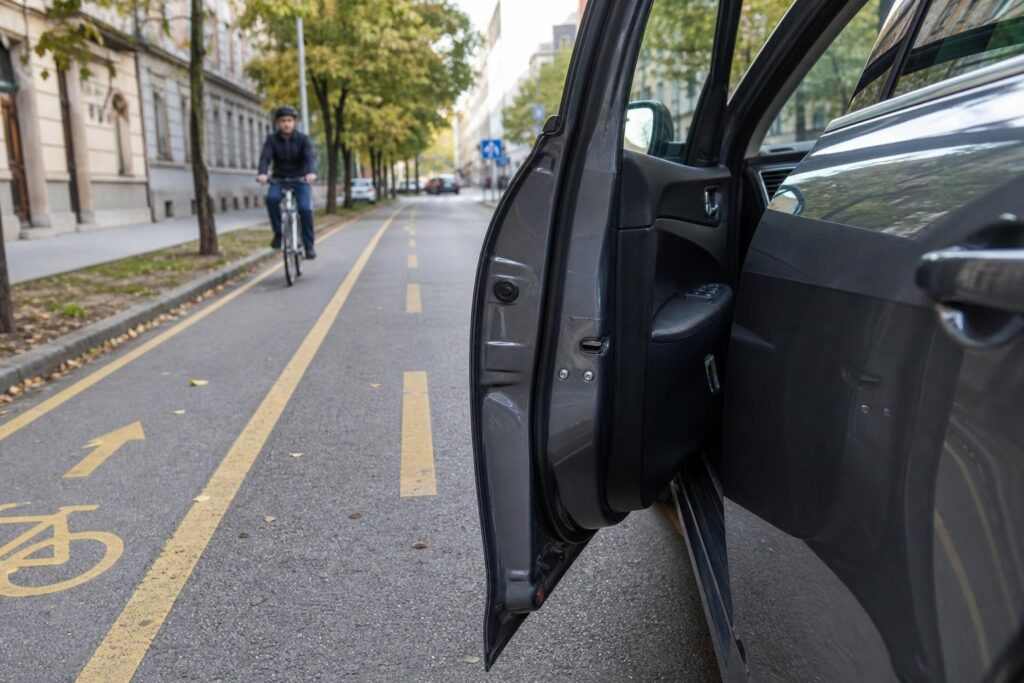 Parkoló autó résnyire nyíló ajtaja mellett kerékpáros közeledik a városi úton