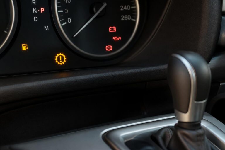 Automata váltó hibájára utaló jelzés egy autó műszerfalának közeli, élethű képén