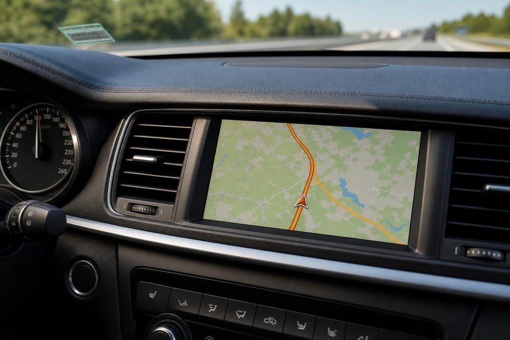 Autópályára készülő autó műszerfala és navigációja megtervezett útvonallal