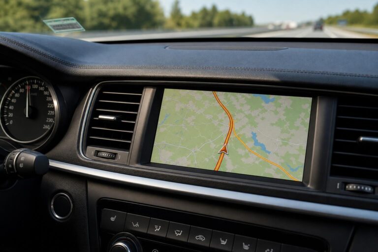 Autópályára készülő autó műszerfala és navigációja megtervezett útvonallal