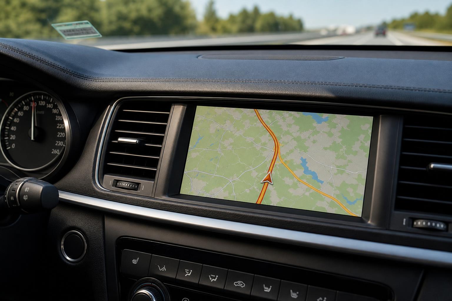 Autópályára készülő autó műszerfala és navigációja megtervezett útvonallal