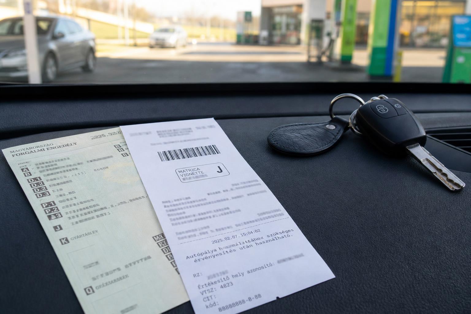 Autópálya-matrica benzinkúti bizonylata autó műszerfalán forgalmi engedély mellett