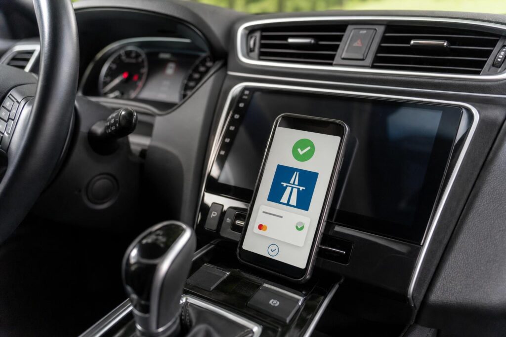 Autópálya-matrica online vásárlását visszaigazoló telefon egy autó belső terében