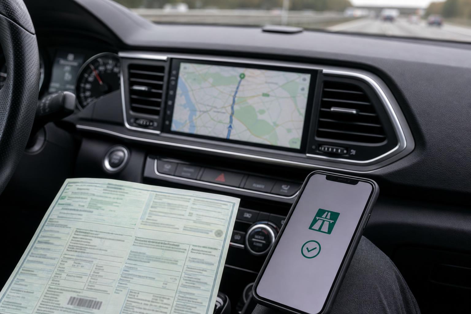 Autópálya-matrica vásárlás adatait ellenőrző autós navigációval és járműokmánnyal