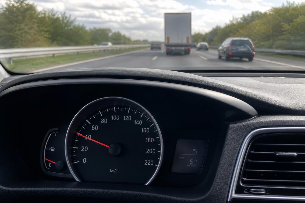 Autó műszerfala autópályán, körülbelül 55 km/órát mutató sebességmérővel