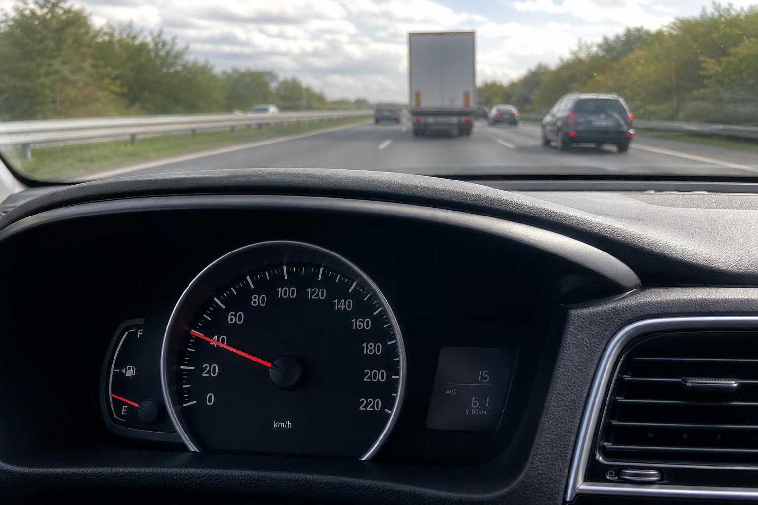 Autó műszerfala autópályán, körülbelül 55 km/órát mutató sebességmérővel
