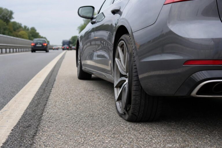 Defekt miatt a leállósávban álló autó sérült gumiabronccsal és bekapcsolt vészvillogóval