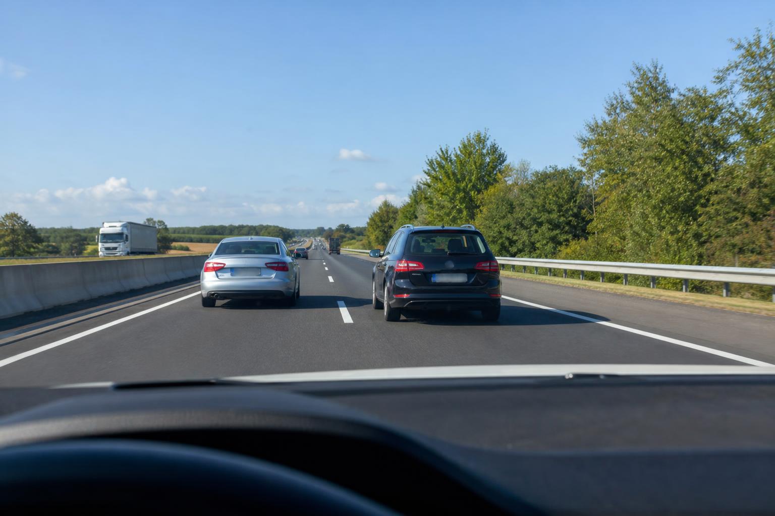 Kétsávos autópálya, ahol a jobb és bal sávban haladó autók láthatók szabályos forgalmi helyzetben
