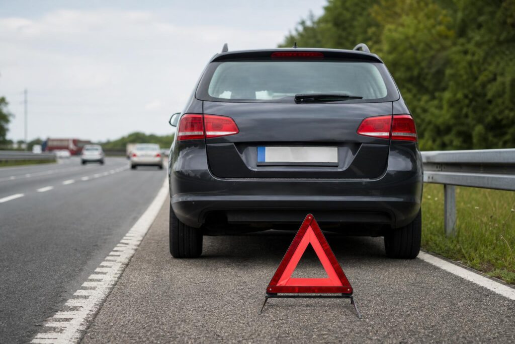 Elakadásjelző háromszög egy műszaki hibás autó mögött az autópálya leállósávjában