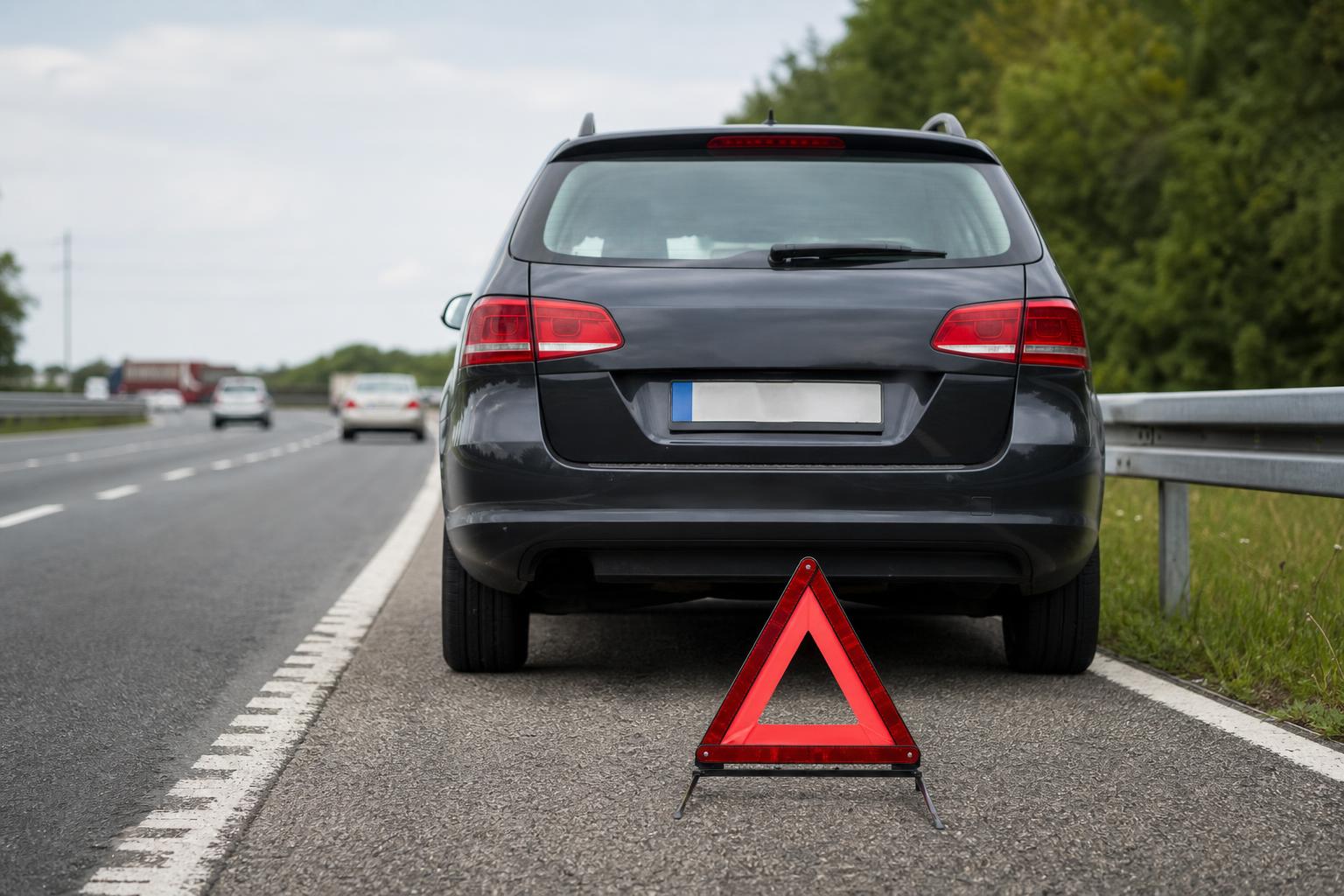 Elakadásjelző háromszög egy műszaki hibás autó mögött az autópálya leállósávjában