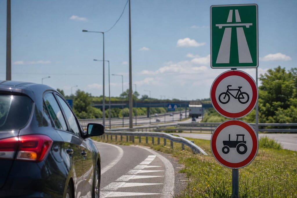Autópálya felhajtója tiltott járművekre vonatkozó jelzéssel és közeledő személyautóval
