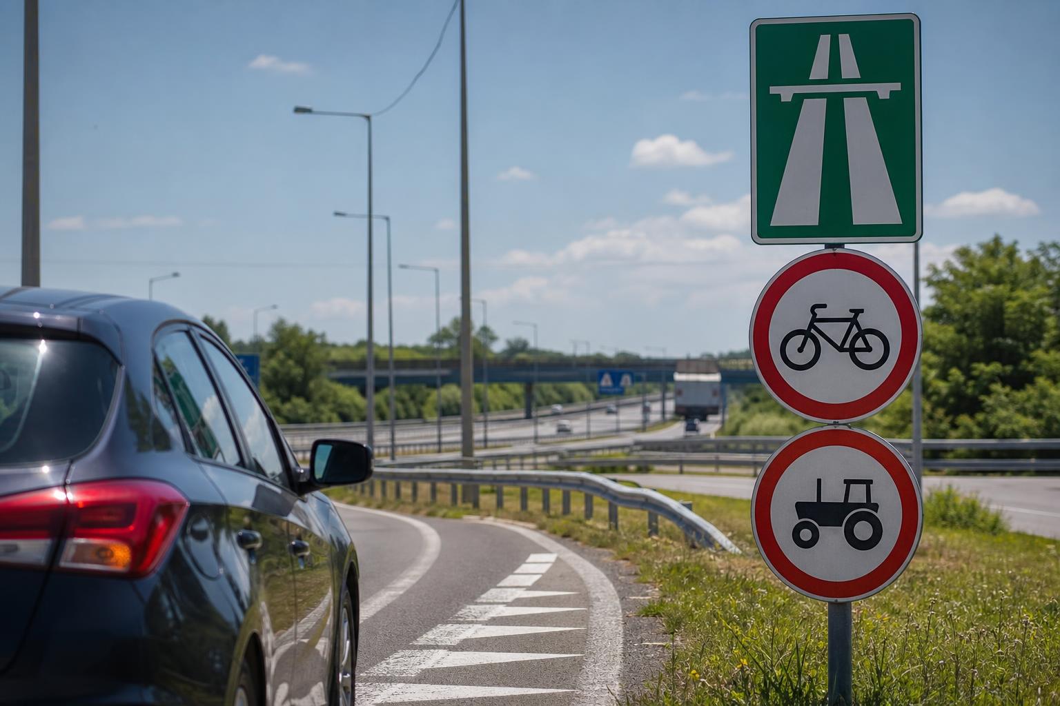 Autópálya felhajtója tiltott járművekre vonatkozó jelzéssel és közeledő személyautóval