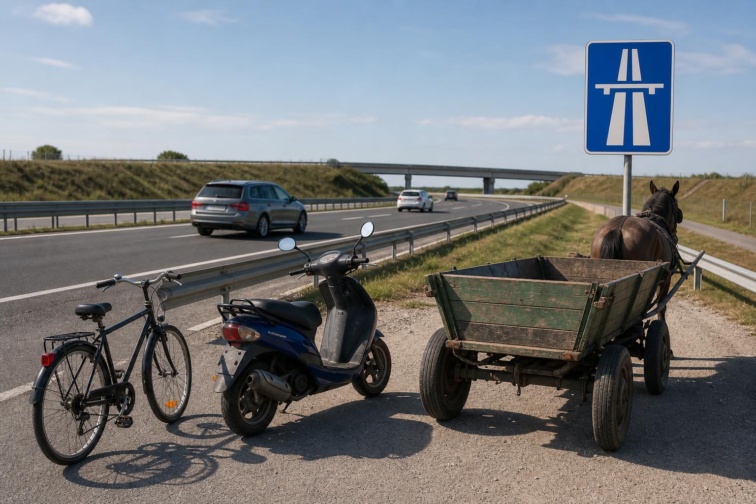 Magyar autóút bejárata, előtte kerékpárral, segédmotorral és lovas kocsival várakozó járművek