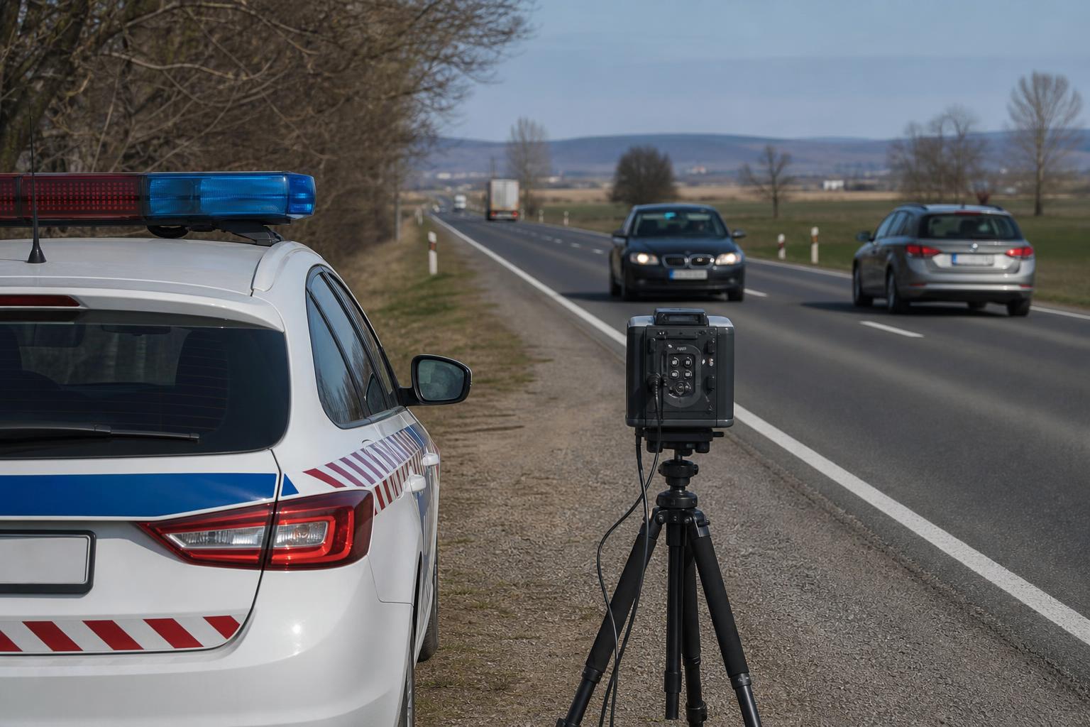 Rendőrségi sebességellenőrzés egy magyarországi úton