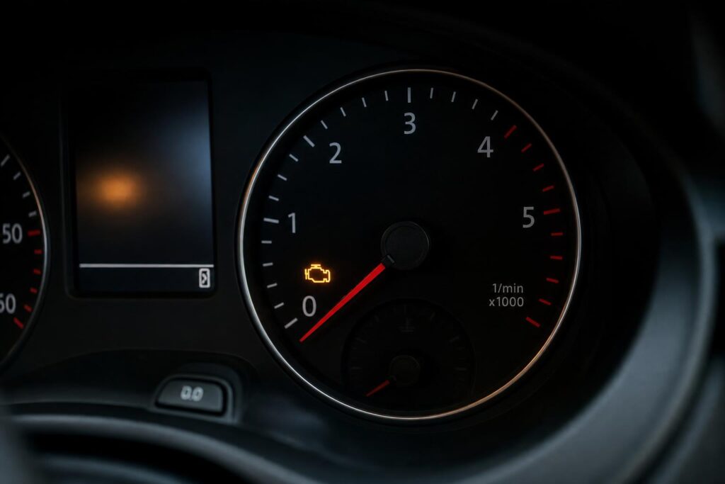 Autó műszerfala világító sárga motorhiba-visszajelző ikonnal, befecskendezési problémára utaló hibajelenségként